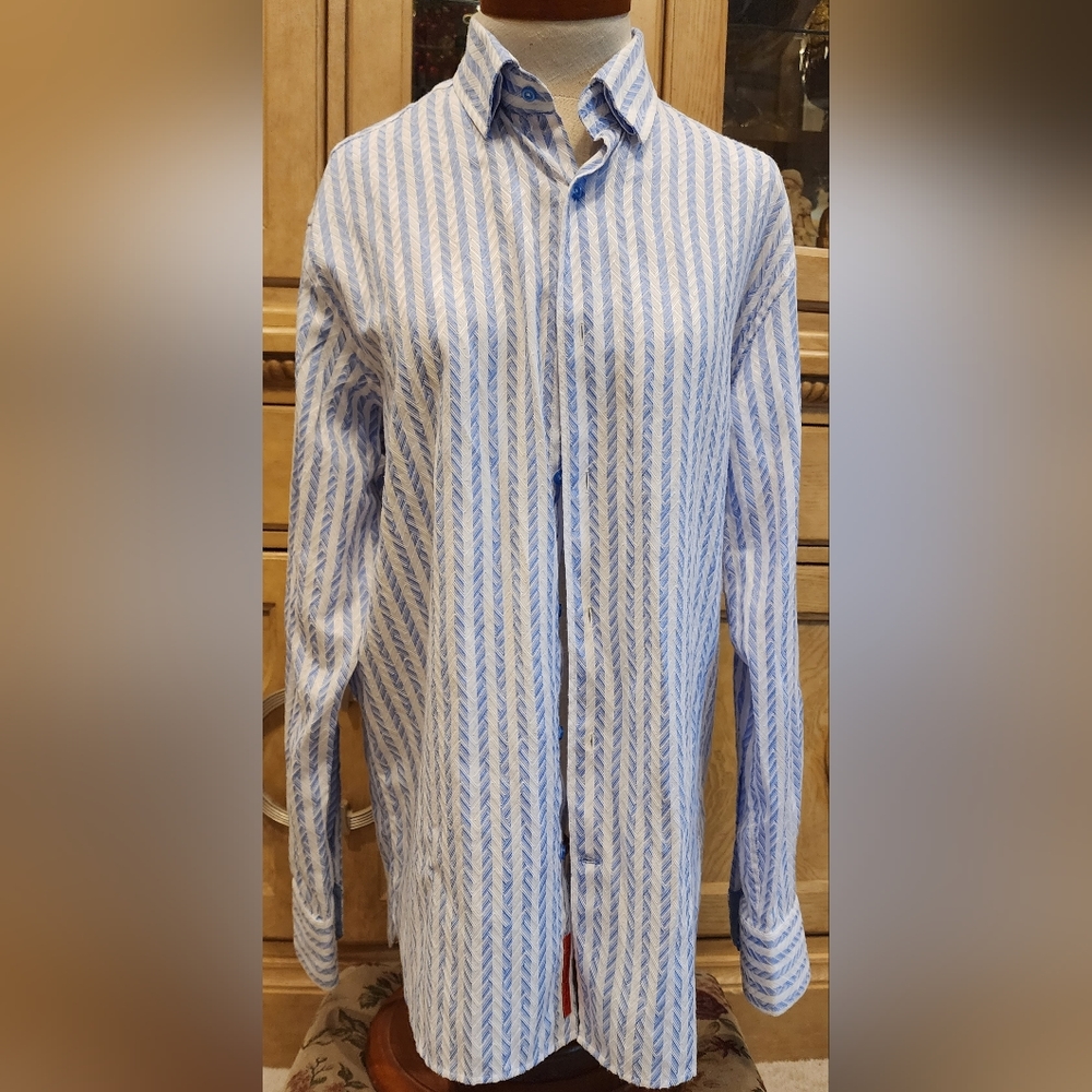 Luchiano Visconti White Blue Striped Long Sleeve Button Down Dress Shirt M